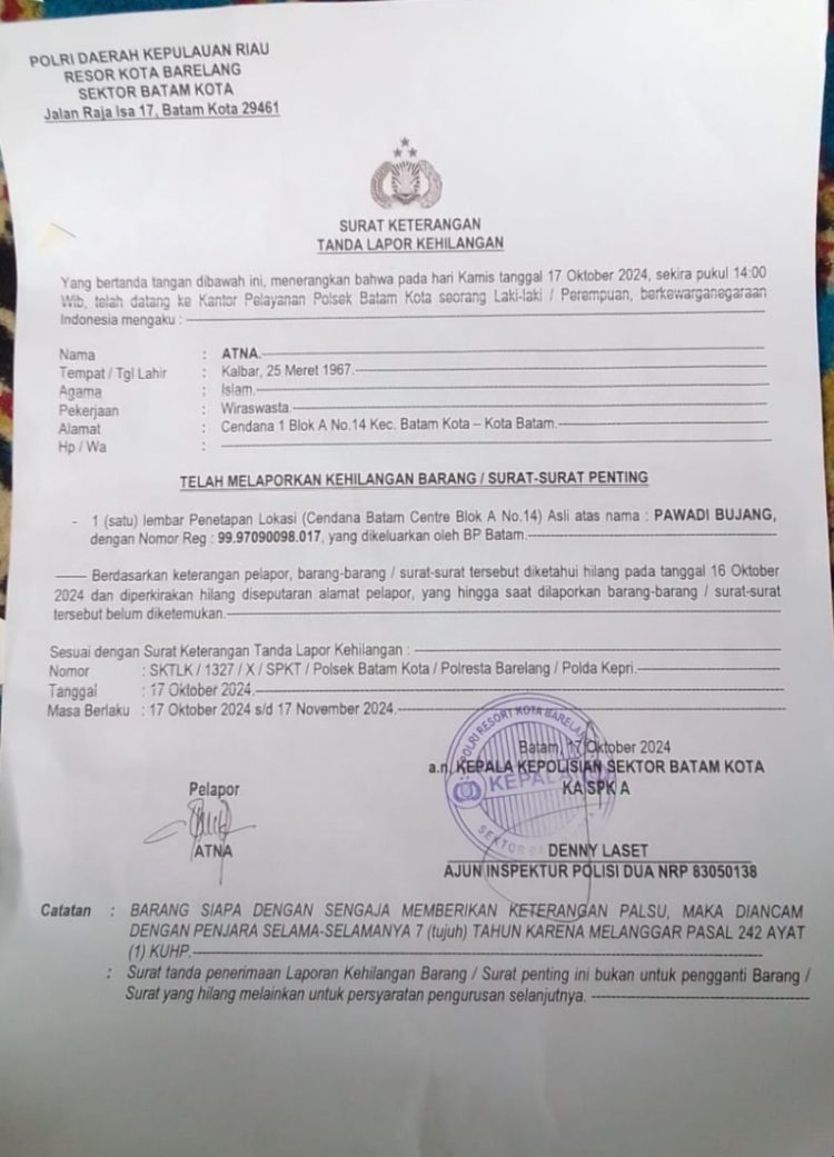 Pemberitahuan Kehilangan Surat Penting, PL Atas Nama Pawadi Bujang