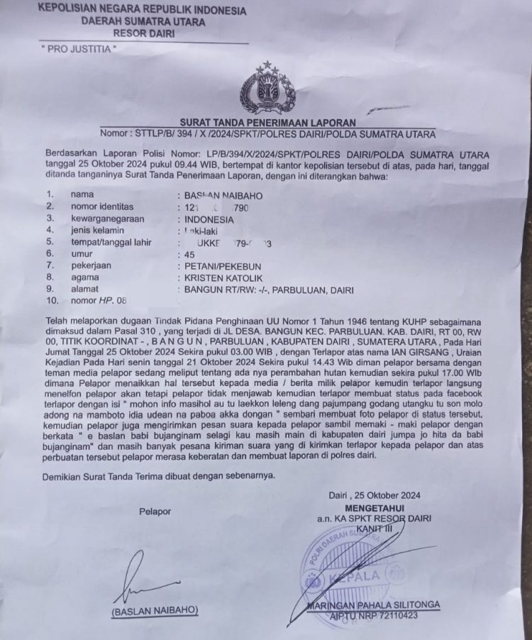 Diteror dan Diintimidasi Terkait Pemberitaan Ilegal Logging di Dairi, Wartawan Lapor Polisi