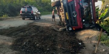 Hindari Lubang, Truk Hauling Batu Bara Terguling di Jalan Lintas Sarolangun–Tembesi