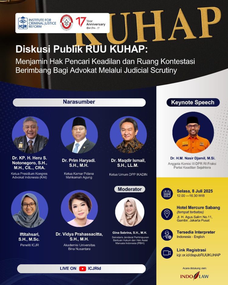 KAI dan ICJR Gelar Diskusi Publik RUU KUHAP, Soroti Hak Advokat Lewat Judicial Scrutiny